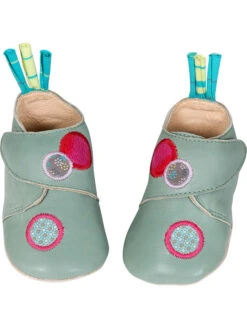 Moulin Roty Leder-Krabbelschuhe In Hellblau/ Rot